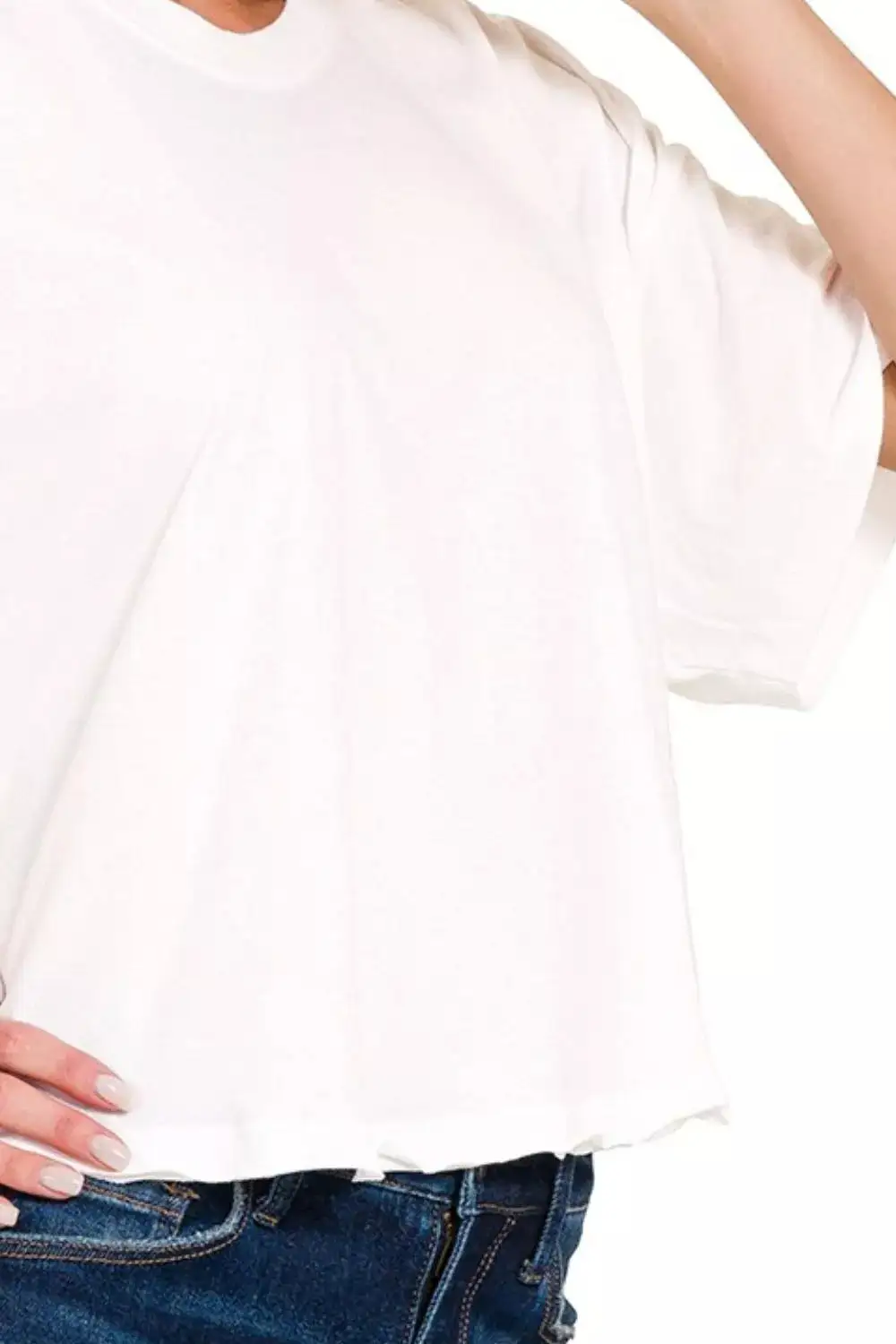 Round-Neck Short-Sleeve Ruffle-Sleeve Cotton T-Shirt