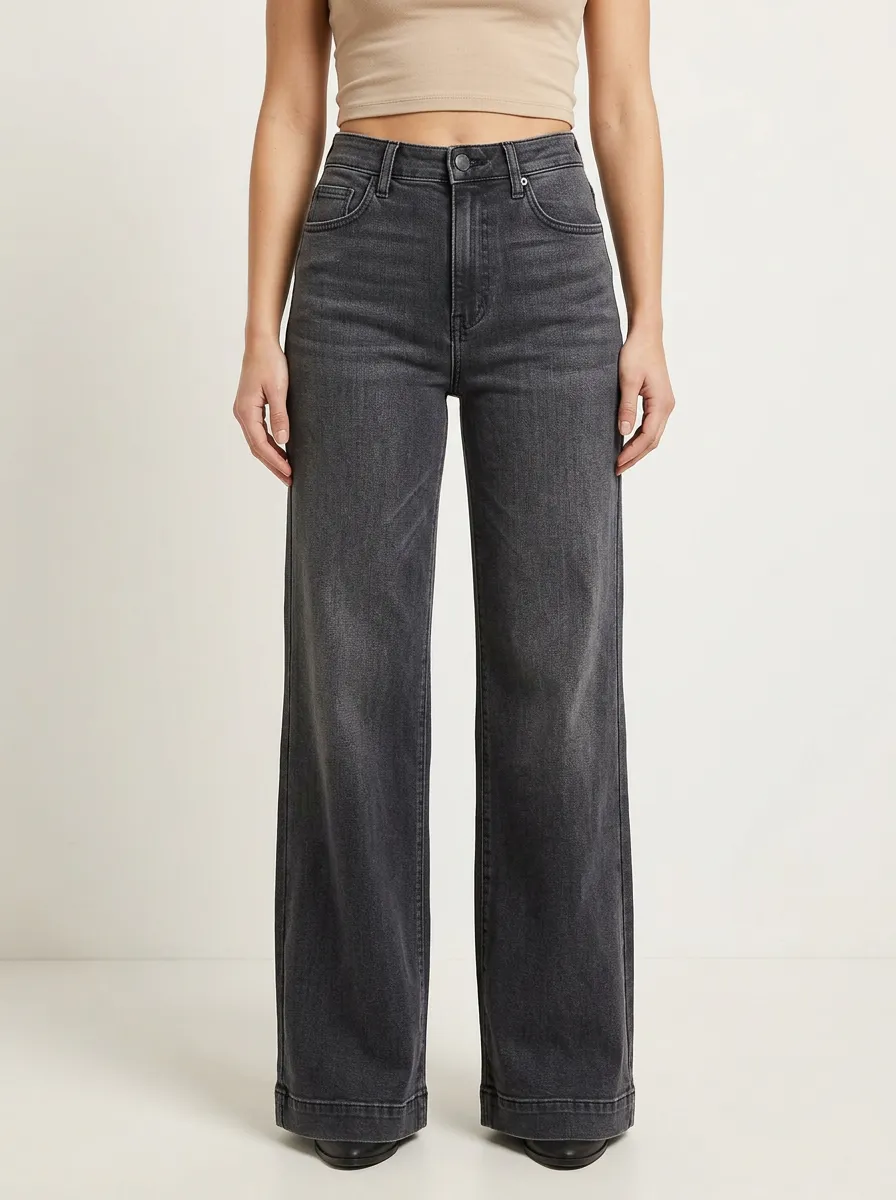 Women's Faded-Wash High-Rise Wide-Leg Stretch Jeans