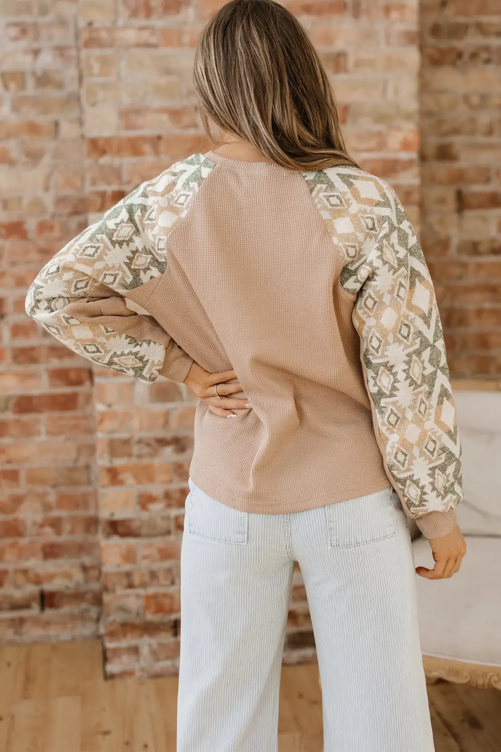 Women's Waffle Knit Raglan Sleeve Patchwork Top