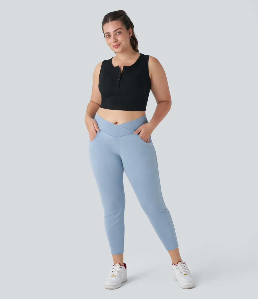 Magic High Waisted Crossover Multiple Pockets Stretchy Knit Denim 7/8 Plus Size Work Leggings