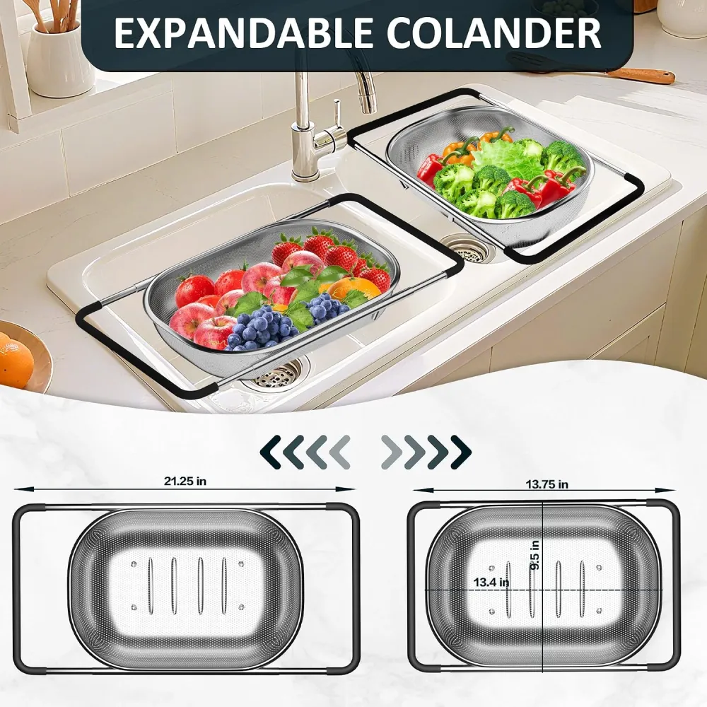 Expandable Fine‑Mesh Sink Strainer Basket with Rubber Handles, Sink Filter Basket for Vegetables, Fruits, Pasta, Must‑Have for Home Kitchen