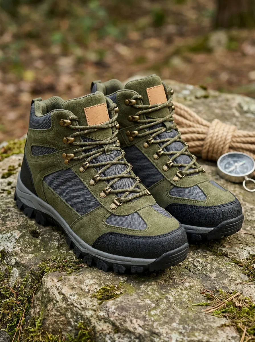 Unisex Traditional Outdoor Hiking Olive Green Suede Printed Boots