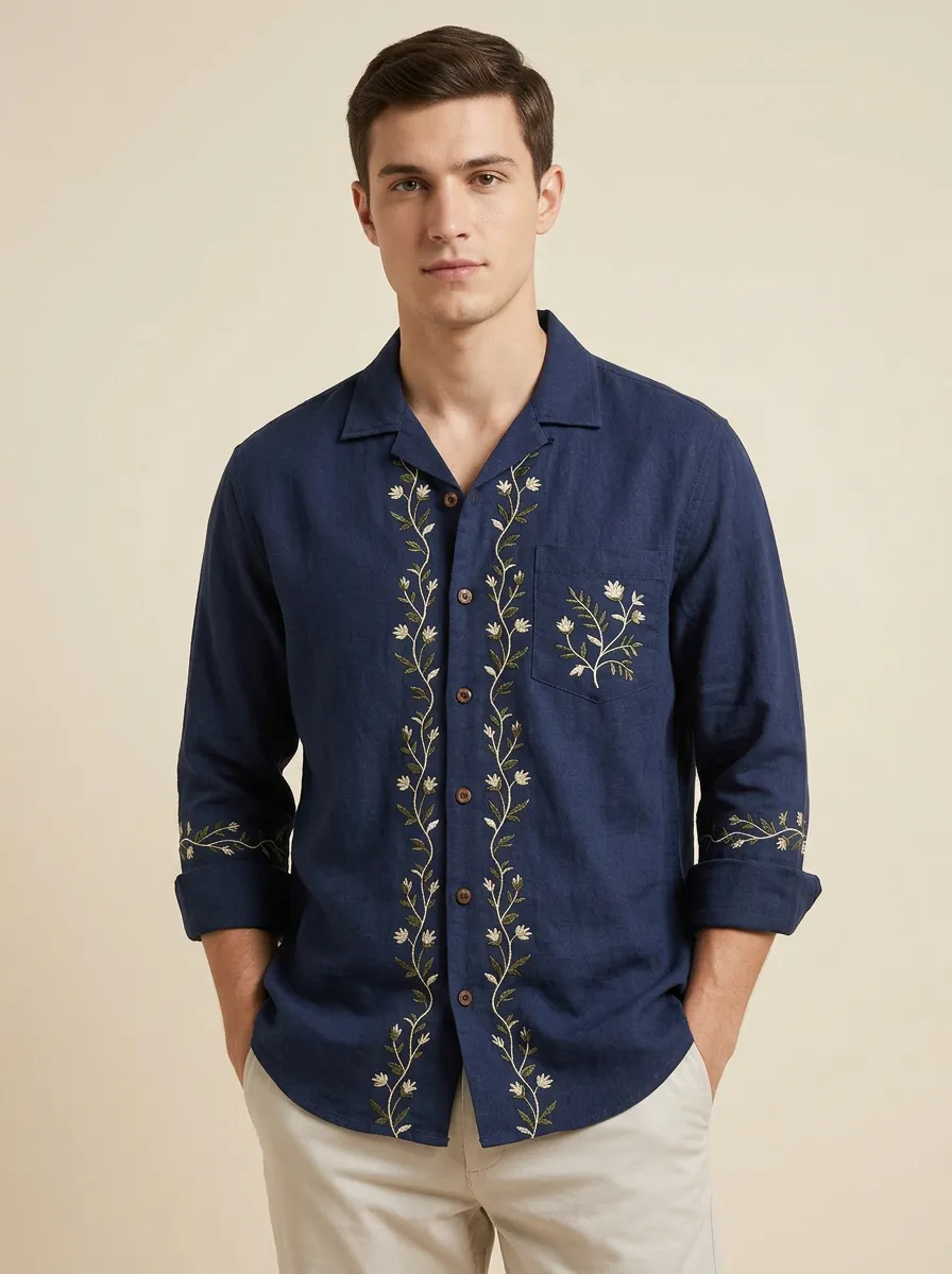 Men's Botanical Nature Embroidered Long Sleeve Shirt