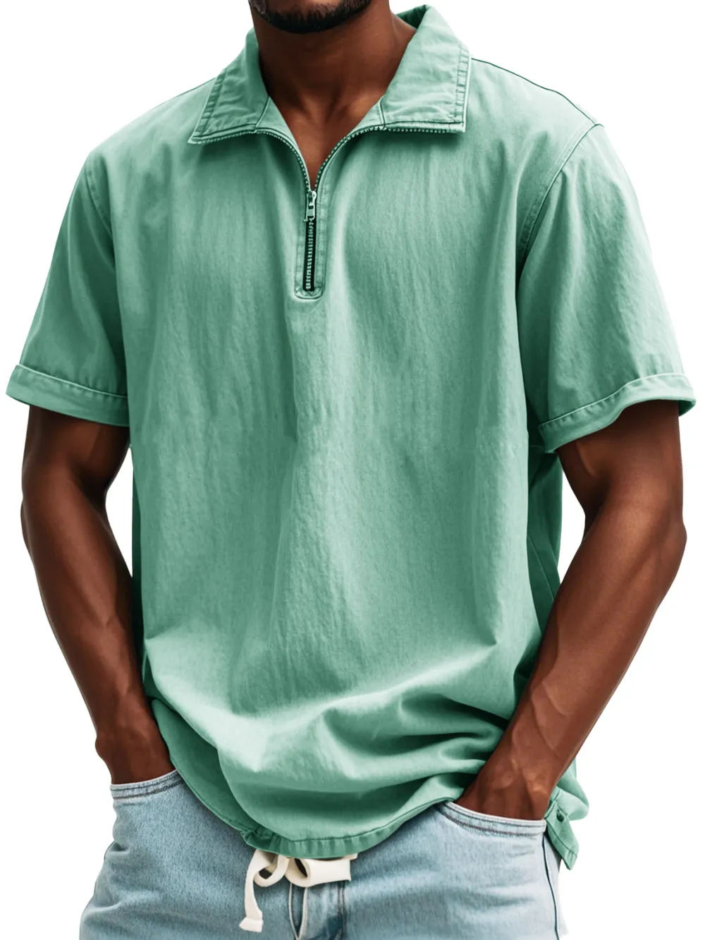 Relaxed Short Sleeve Stand Collar Zip Front Shirt