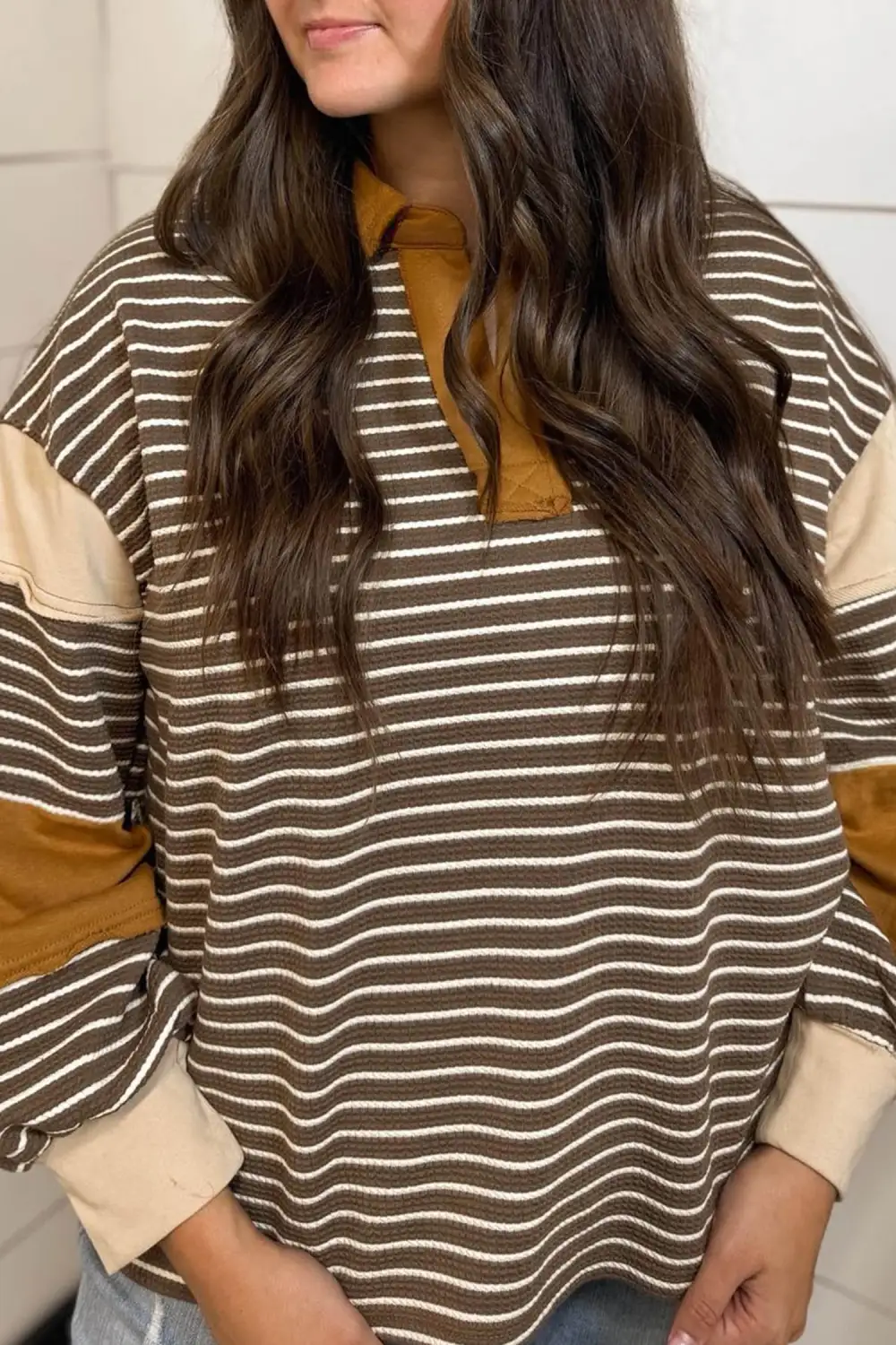 Striped V Neck Relaxed Viscose Blend Long Sleeve Top