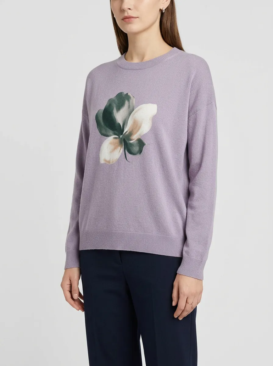 Women's Fine-Gauge Lavender Floral Intarsia Crewneck Sweater
