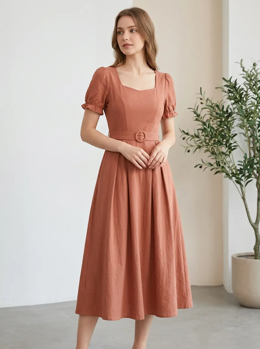 Women's Casual Vintage Square Neck Belted Puff Sleeve Midi Dress