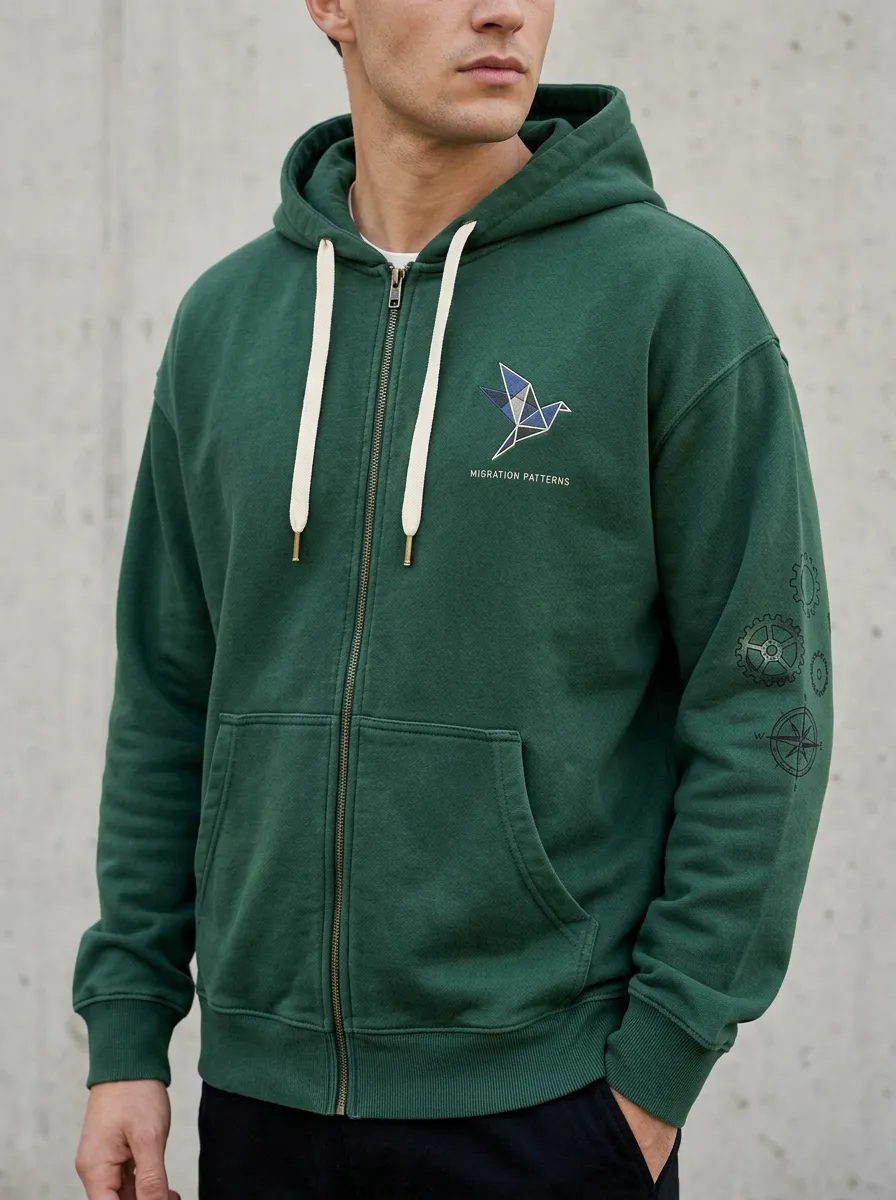 Men's Origami Bird Migration Patterns Printed Zip Hoodie