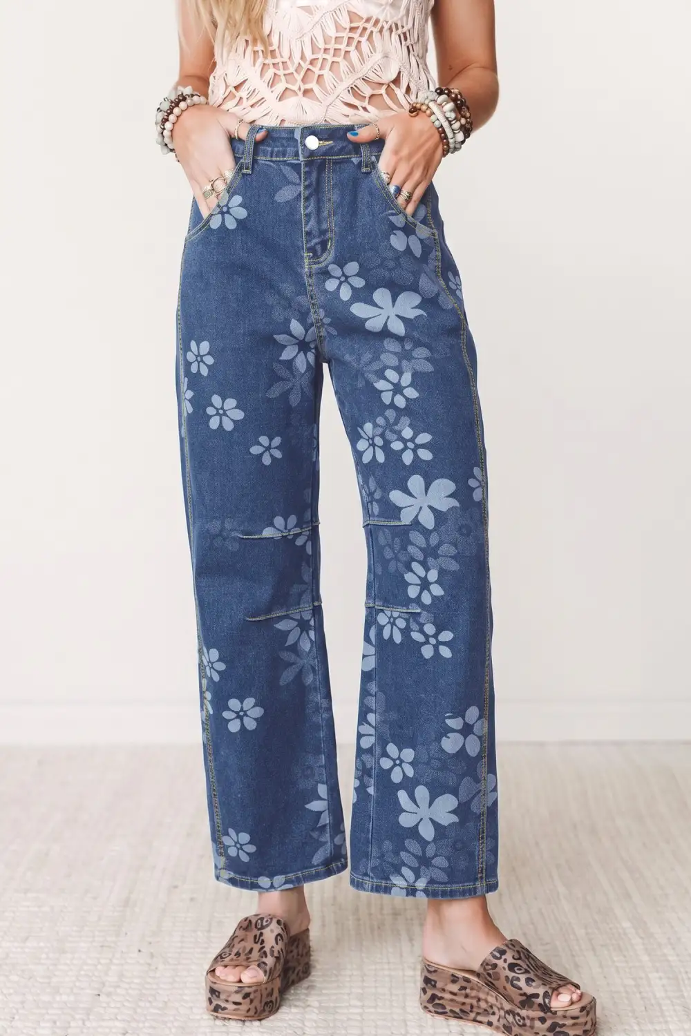 Women's Floral Print Ankle Length Casual Pocket Jeans