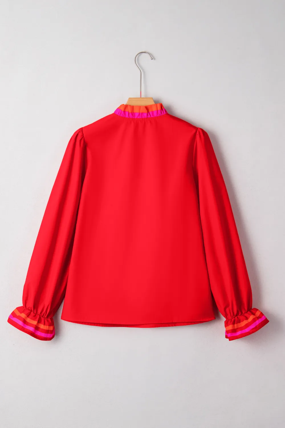 Fiery Red Striped Trim Ruffle Blouse