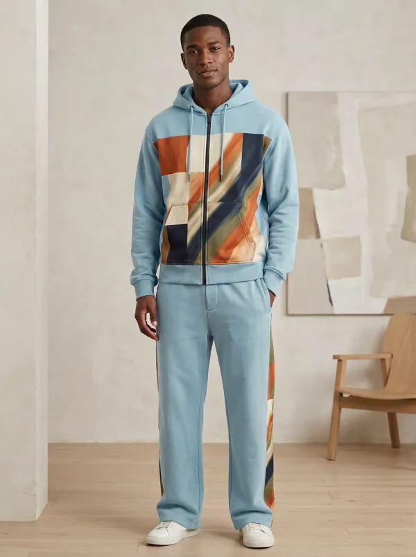 Men's Abstract Geometric Pattern Printed Hooded Tracksuit Set