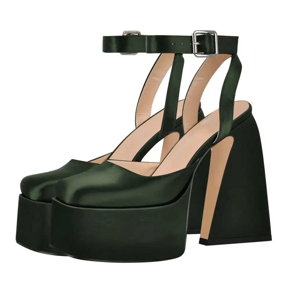 Square Toe Platform Chunky Heel Ankle Strap Pumps