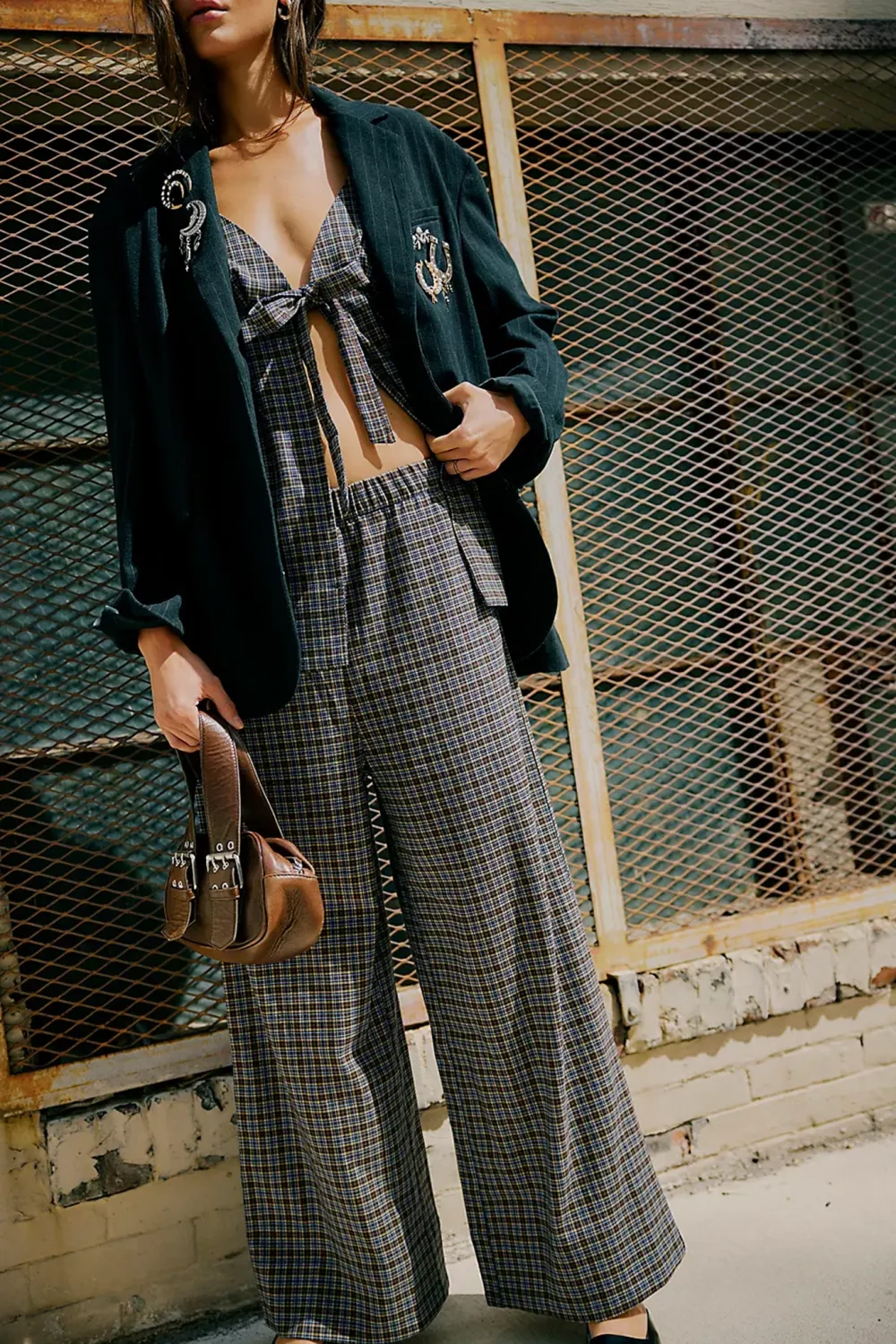 Checkered Crop Top And Wide Leg Pants Set