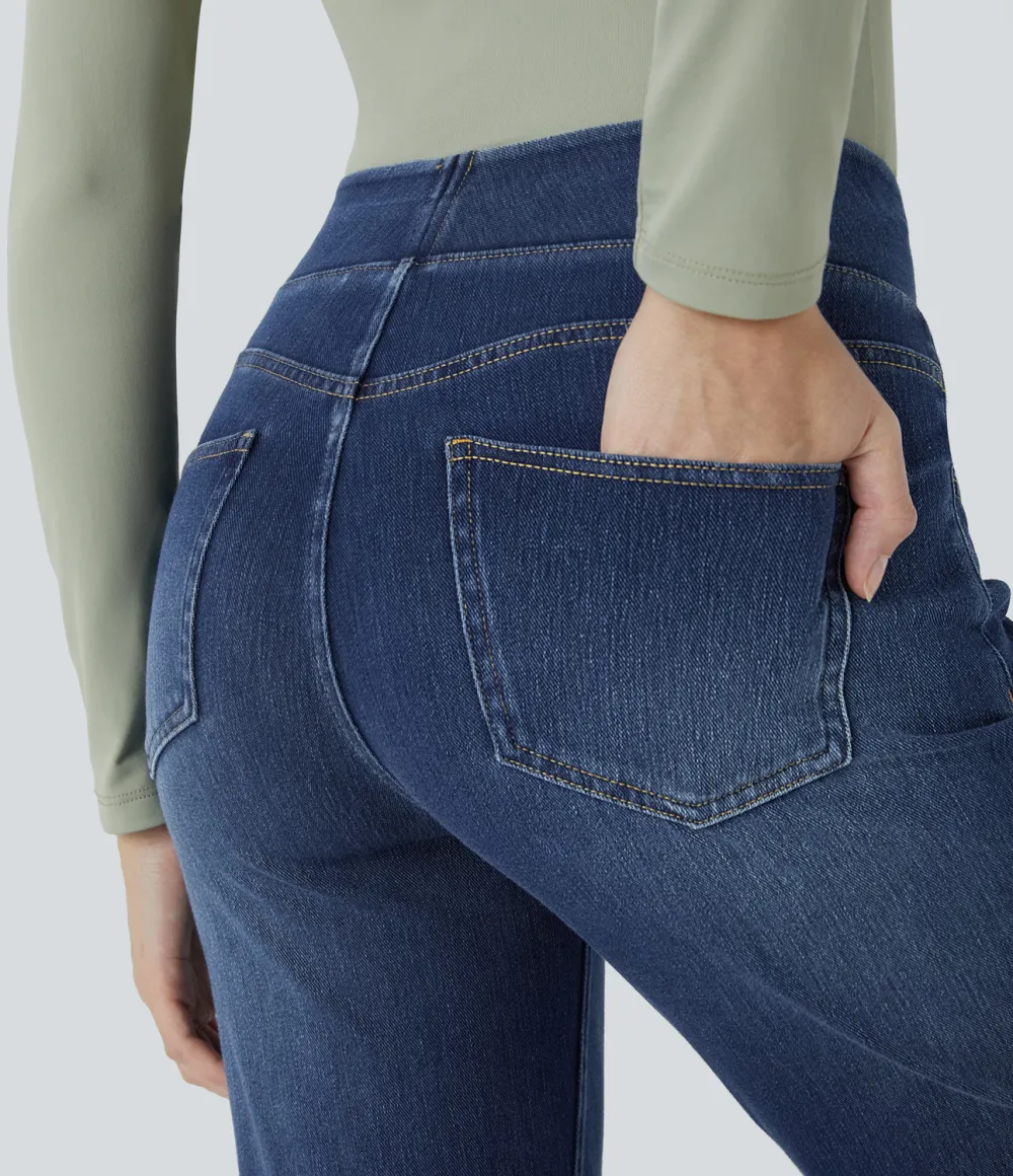 Magic High Waisted Multiple Pockets Washed Stretchy Knit Casual Bootcut Jeans