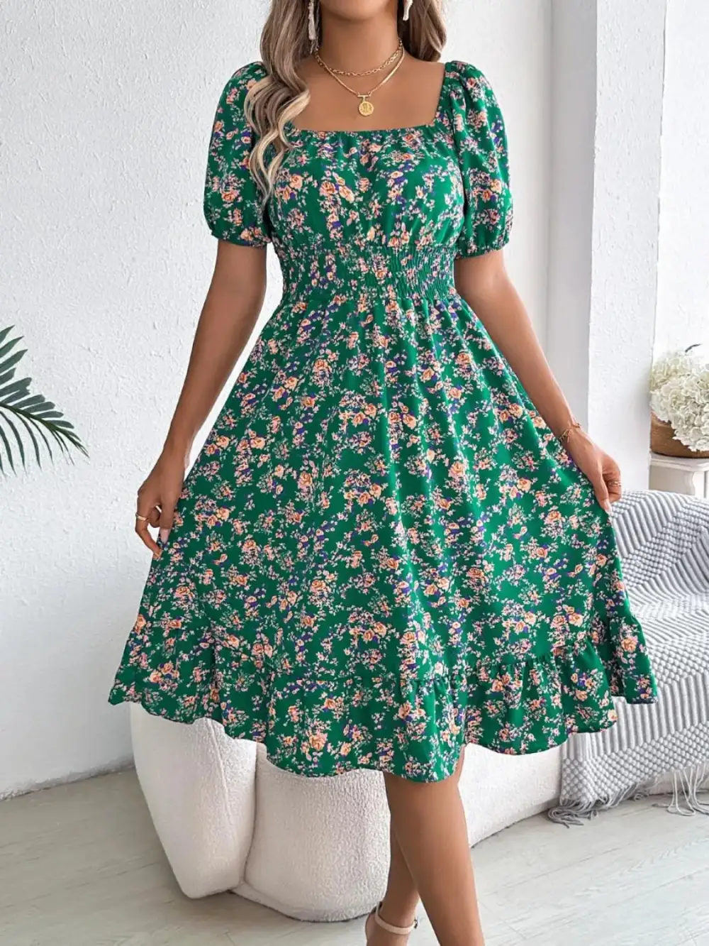 Ruffle Trim Floral Dress