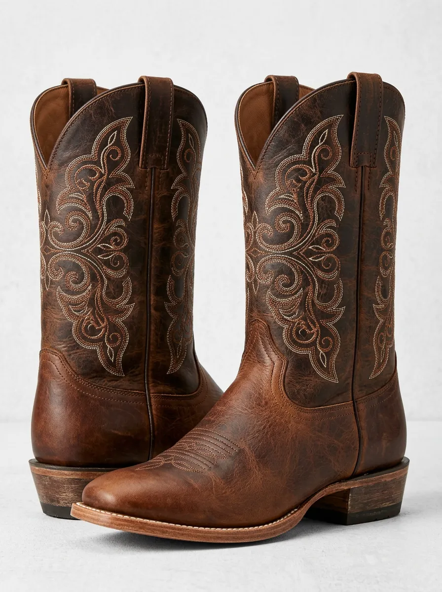 Rustic Embroidered Distressed Leather-Look Silhouette Unisex Western Cowboy Boots