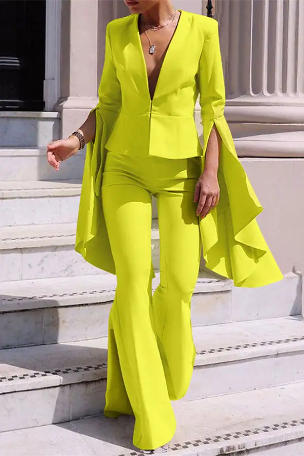 Solid Color Bell-Bottom Asymmetric Pant Set