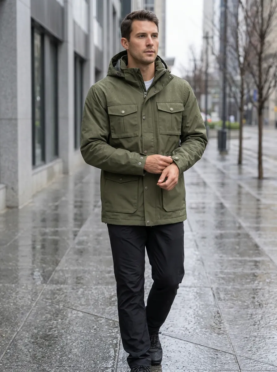 Men's Olive Green Waterproof Hooded Jacket with Adjustable Cuffs and a Zip Front
