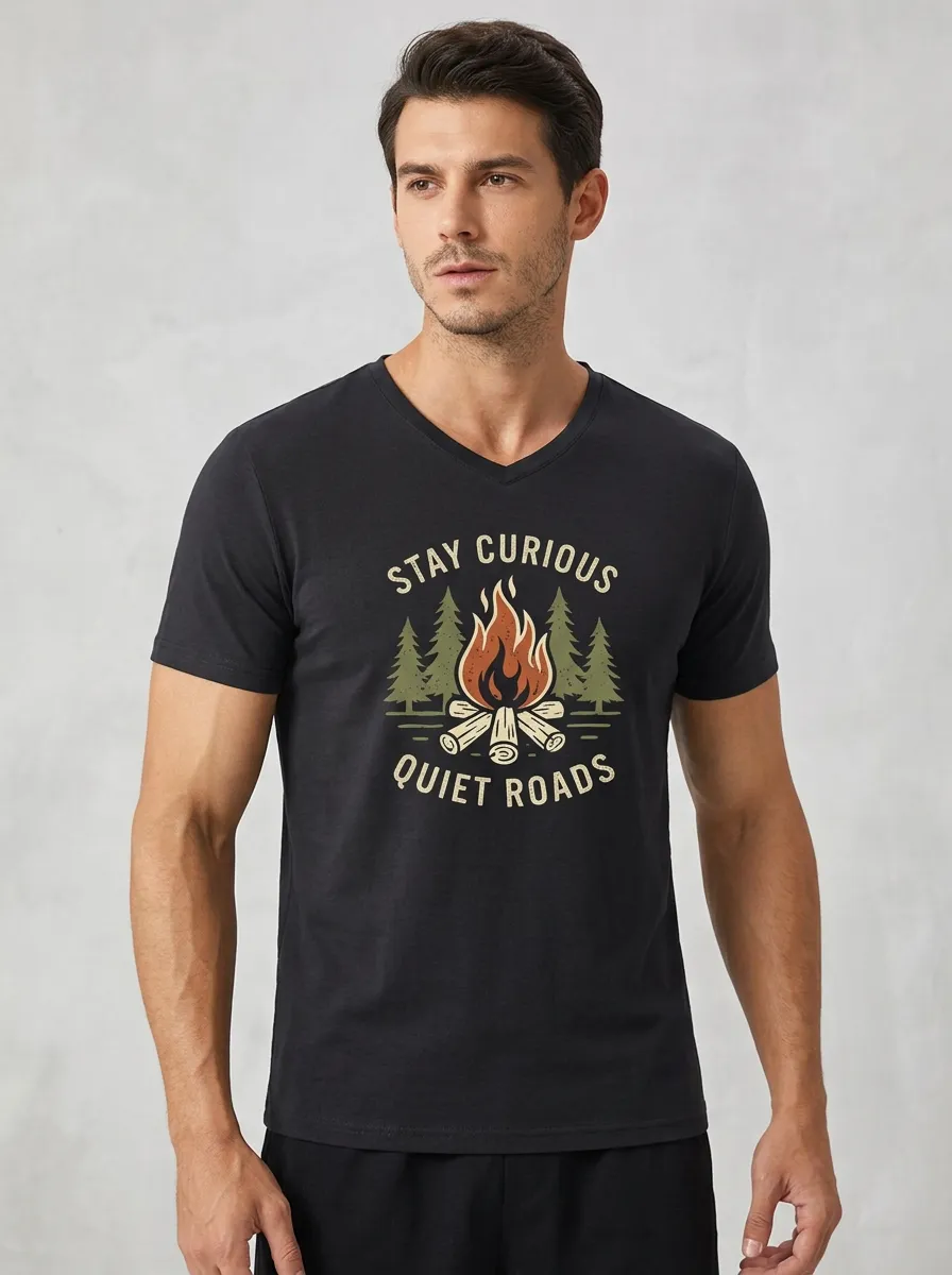 Men's Camping Lover Stay Curious Quiet Roads Printed V-neck T-shirt