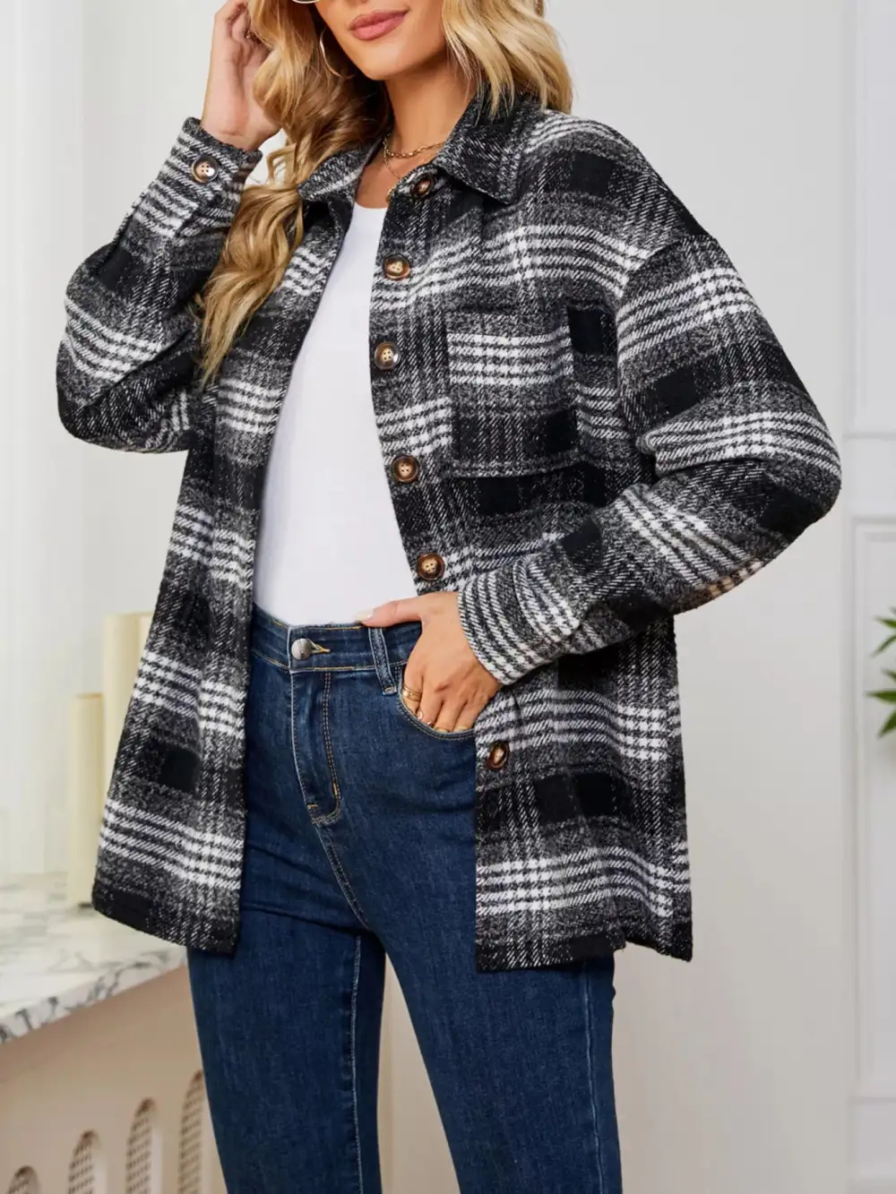 Plaid Button Front Shacket Jacket