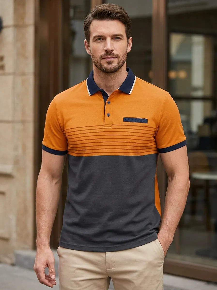 Men's Crafted Detail Colorblock Striped Polo Shirt