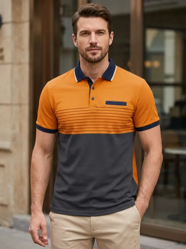 Men's Crafted Detail Colorblock Striped Polo Shirt
