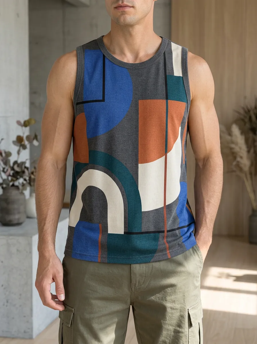 Men's Abstract Geometric Pattern Wide Armhole Tank Top