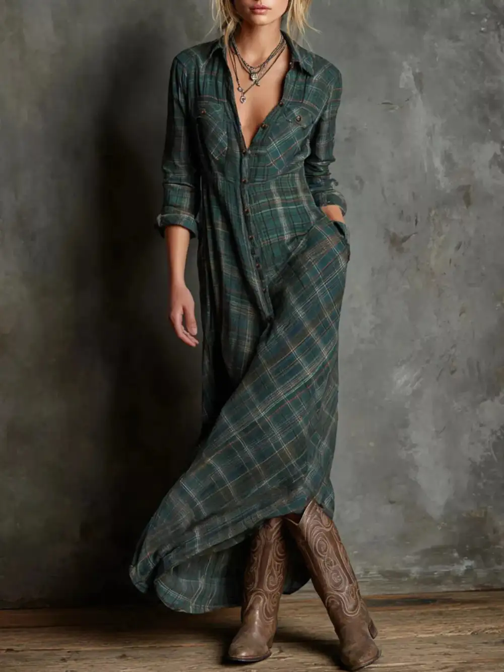 Drape Plaid Button Front Maxi Dress