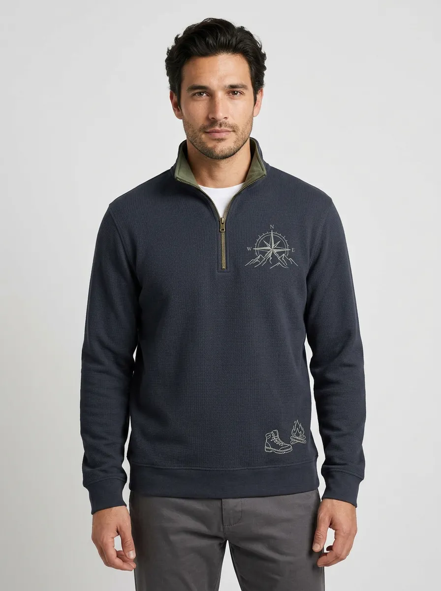 Men's Embroidered Compass Detail Quarter Zip Sweatshirt