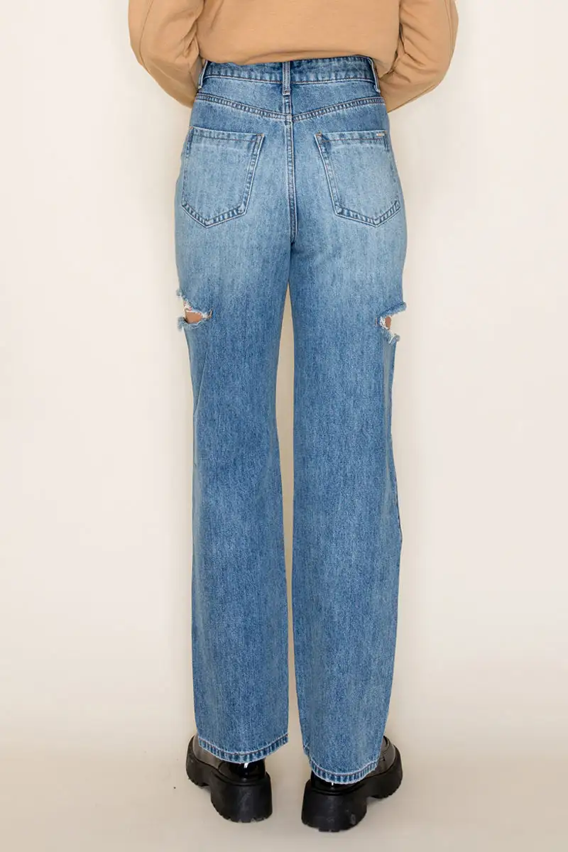 Women's High Rise Destroyed Distressed Wide Leg Rigid Denim Jeans