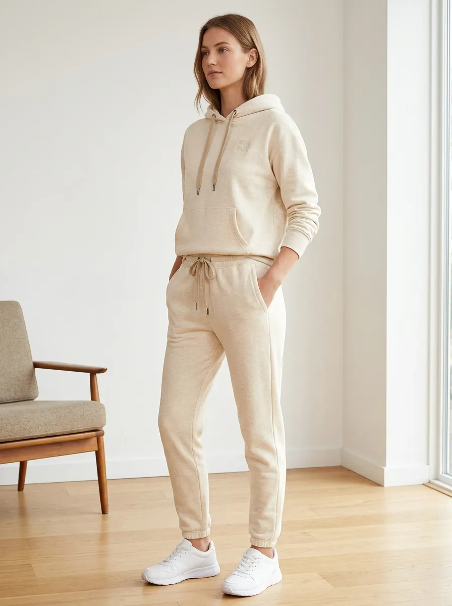 Women's Casual Minimalist Beige Solid Printed Hoodie Jogger Set