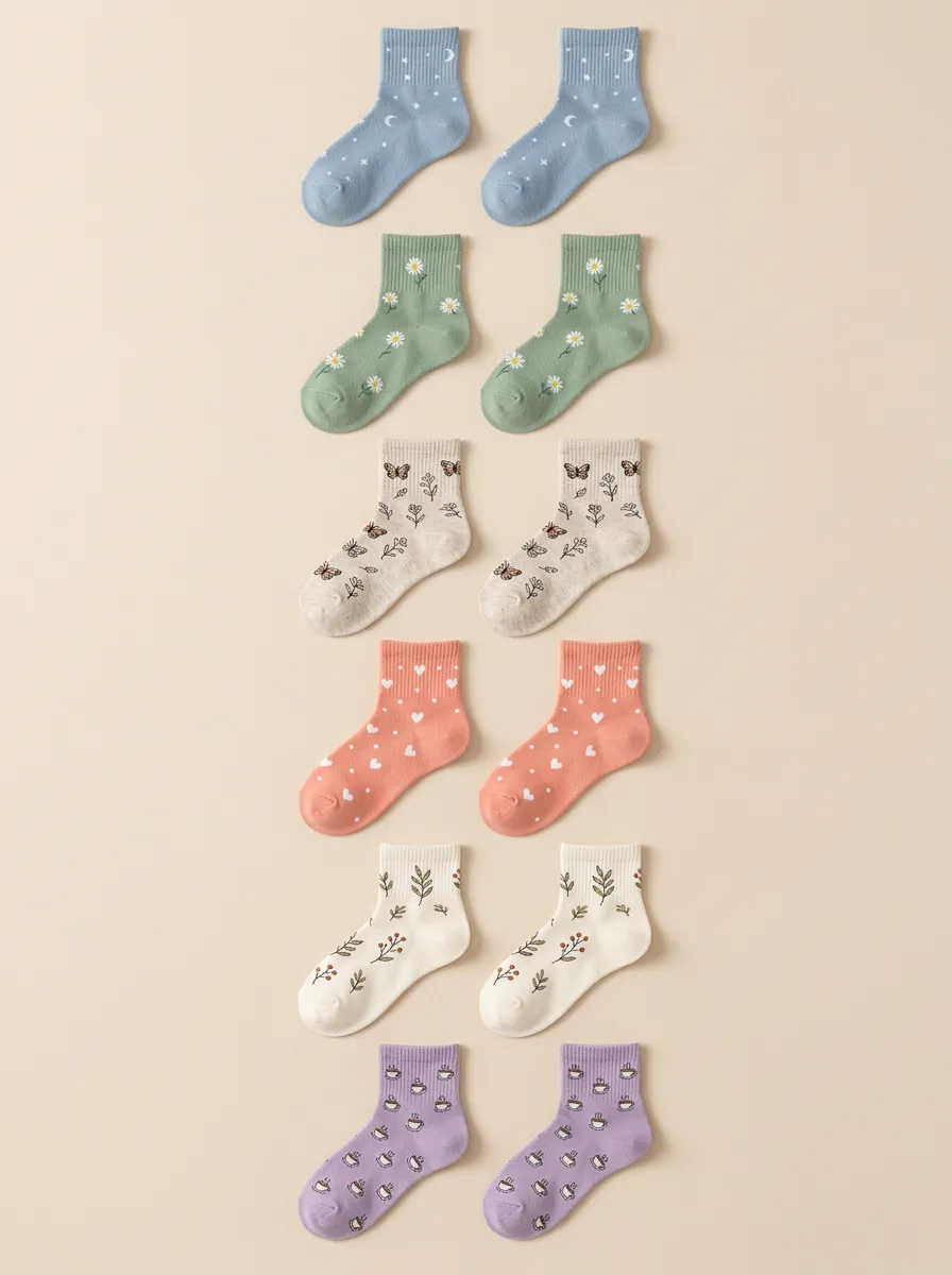 Women's Six-Pair Floral Butterfly Crew Sock Set