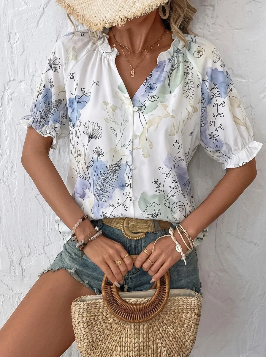 Women's Botanical Watercolor Floral Printed V-Neck Blouse
