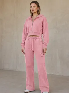 Women's Classic Washed Cargo Detail Vintage Inspired Cropped Hooded Jacket and Flare Pants Active Set