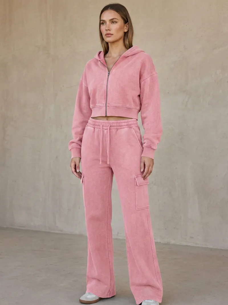 Women's Classic Washed Cargo Detail Vintage Inspired Cropped Hooded Jacket and Flare Pants Active Set