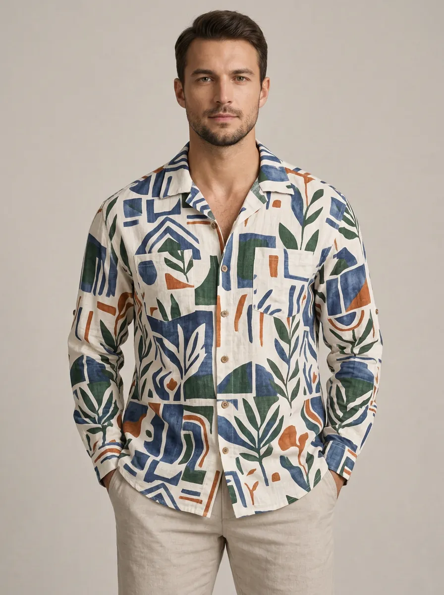 Men's Botanical Geometric Printed Long Sleeve Shirt