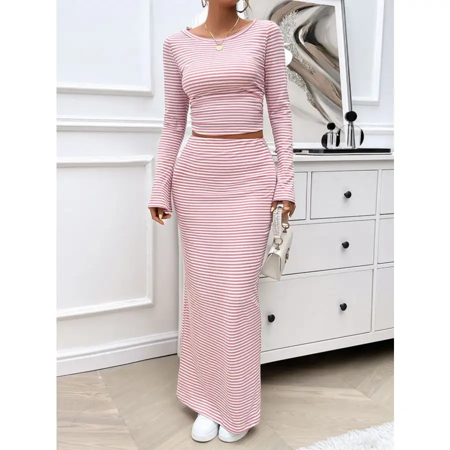 Striped Boat Neck Top and Skirt Set