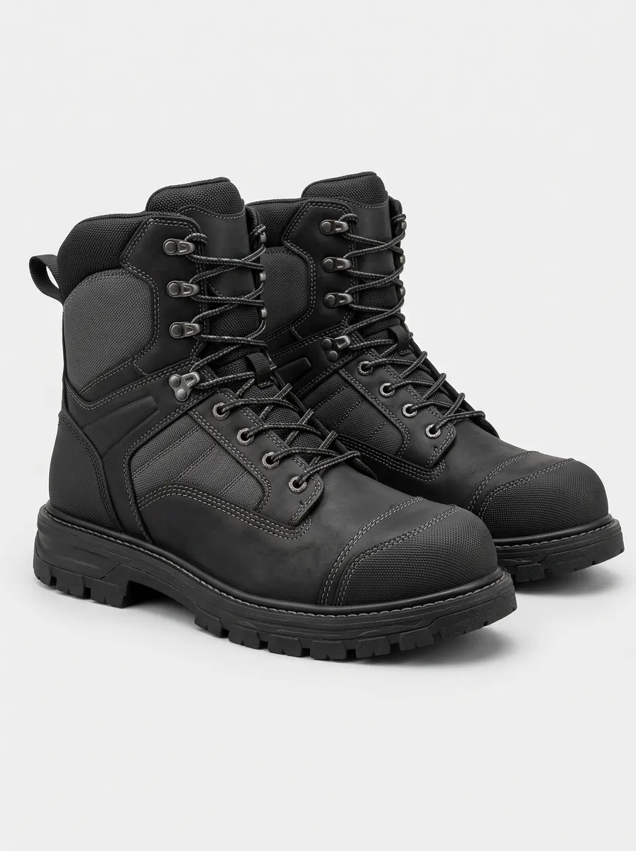 Men's Work Boots in Black with Leather and Printed Detail