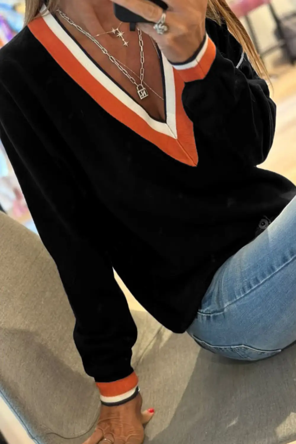 Striped Knit V Neck Sweater