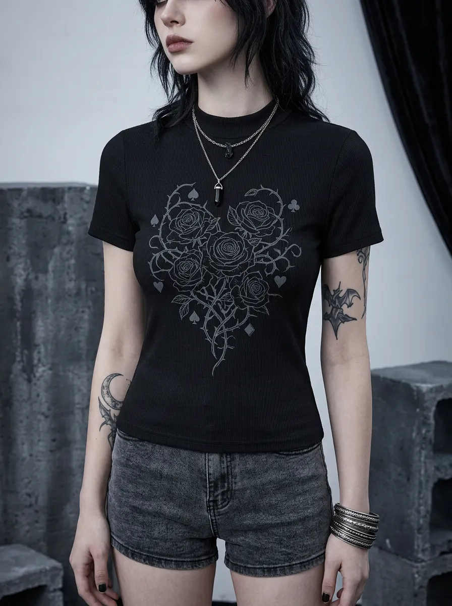 Underground Rose Playing Card Darkwear Style Women's Gothic T-Shirt