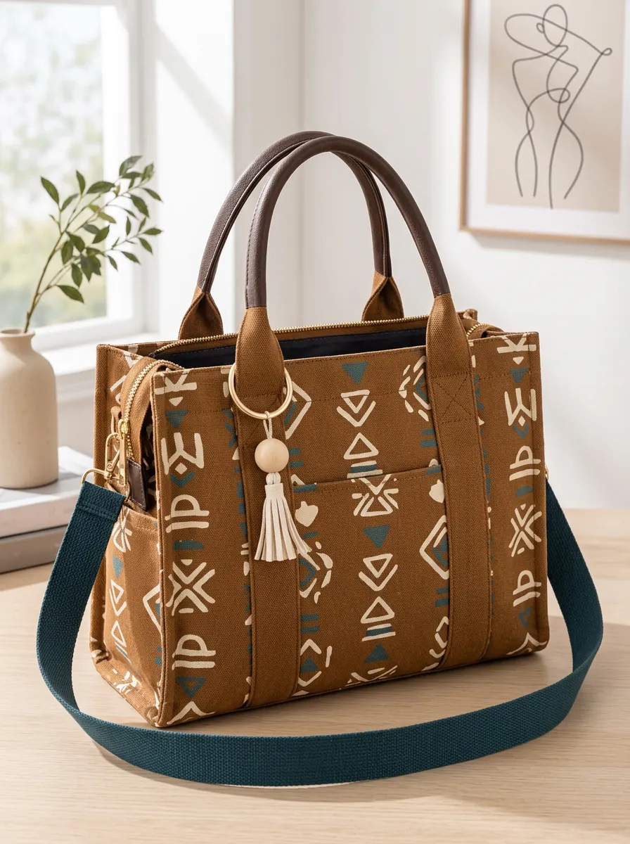 Women's Geometric Boho Detachable Strap Printed Canvas Shoulder Tote Bag