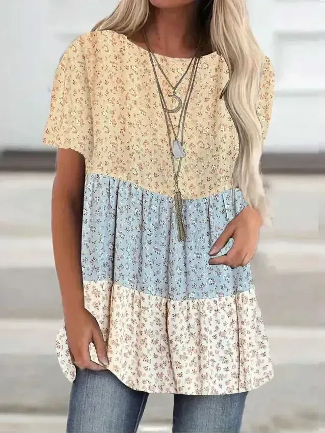 Women Short Sleeve Scoop Neck Floral Printed Stitching Top