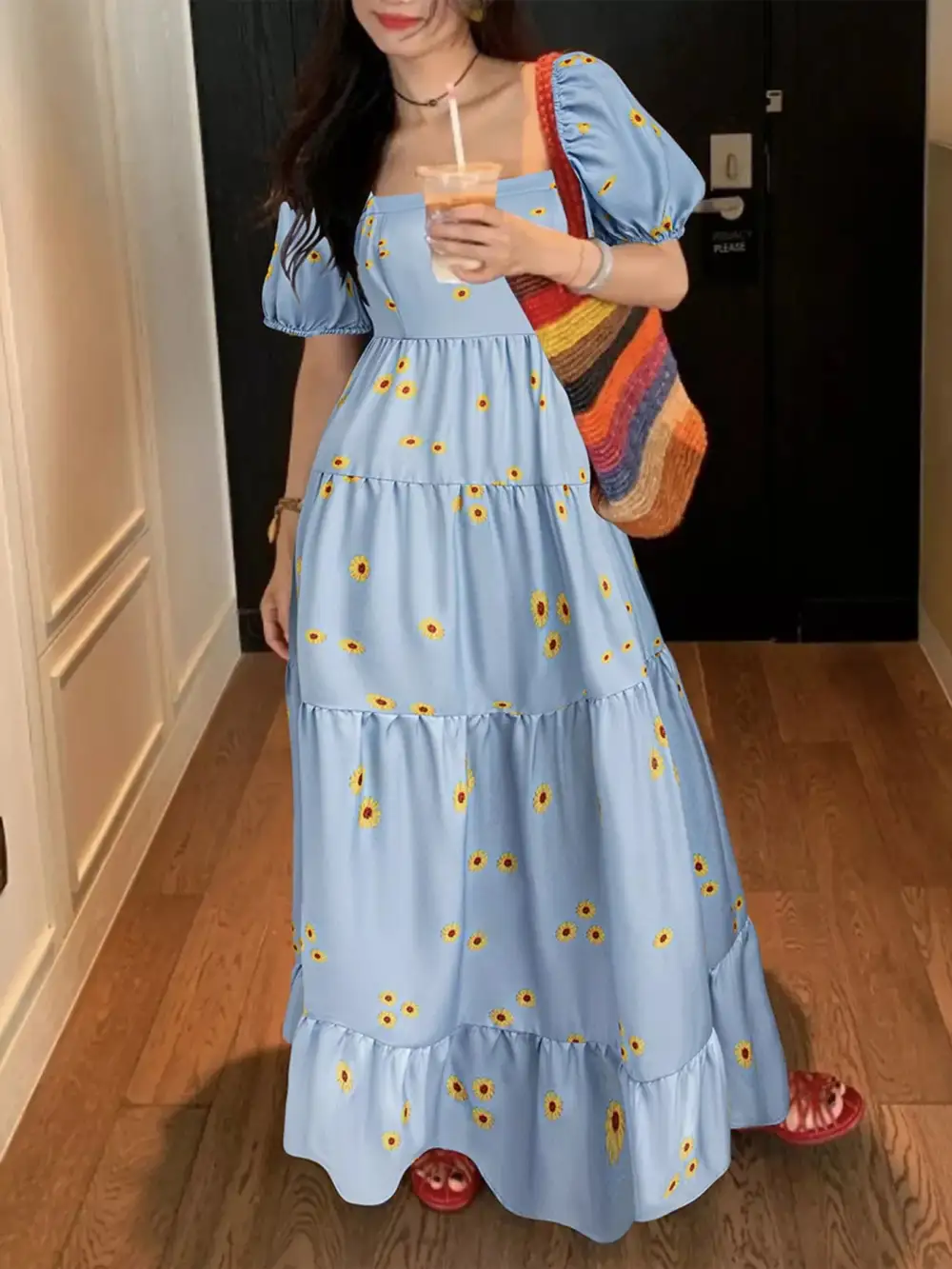 Printed Tiered Puff Sleeve Maxi Dress