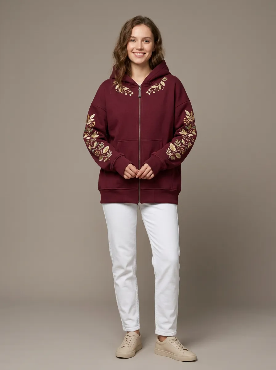 Creative Women's Botanical Leaf Graphic Zip Front Nature Hoodie