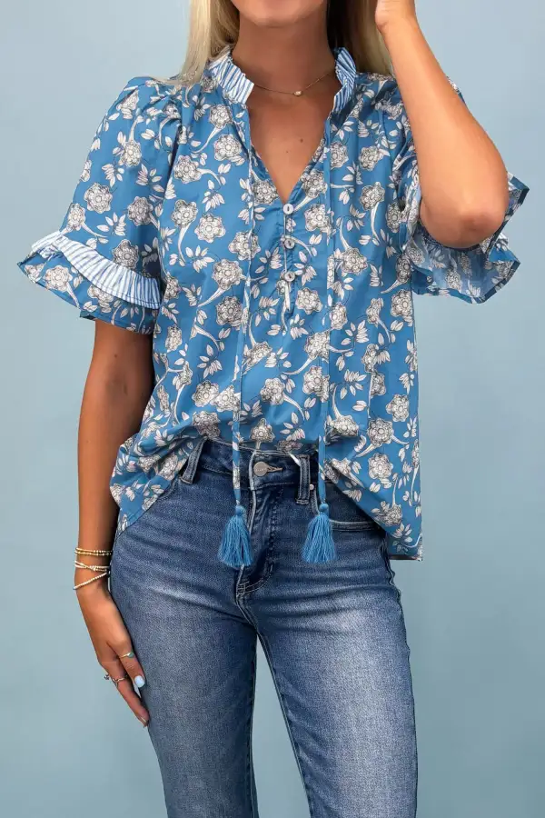 Women's Floral Print Striped Tie Neck Top