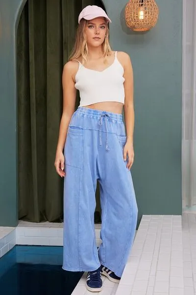 Mineral Wash Elastic Waist Baarrel Leg Pants