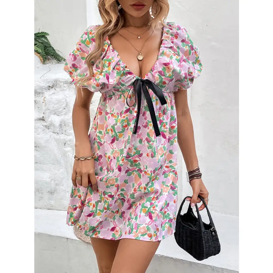 Soft Everyday V-Neck Puff Sleeve Mini Dress