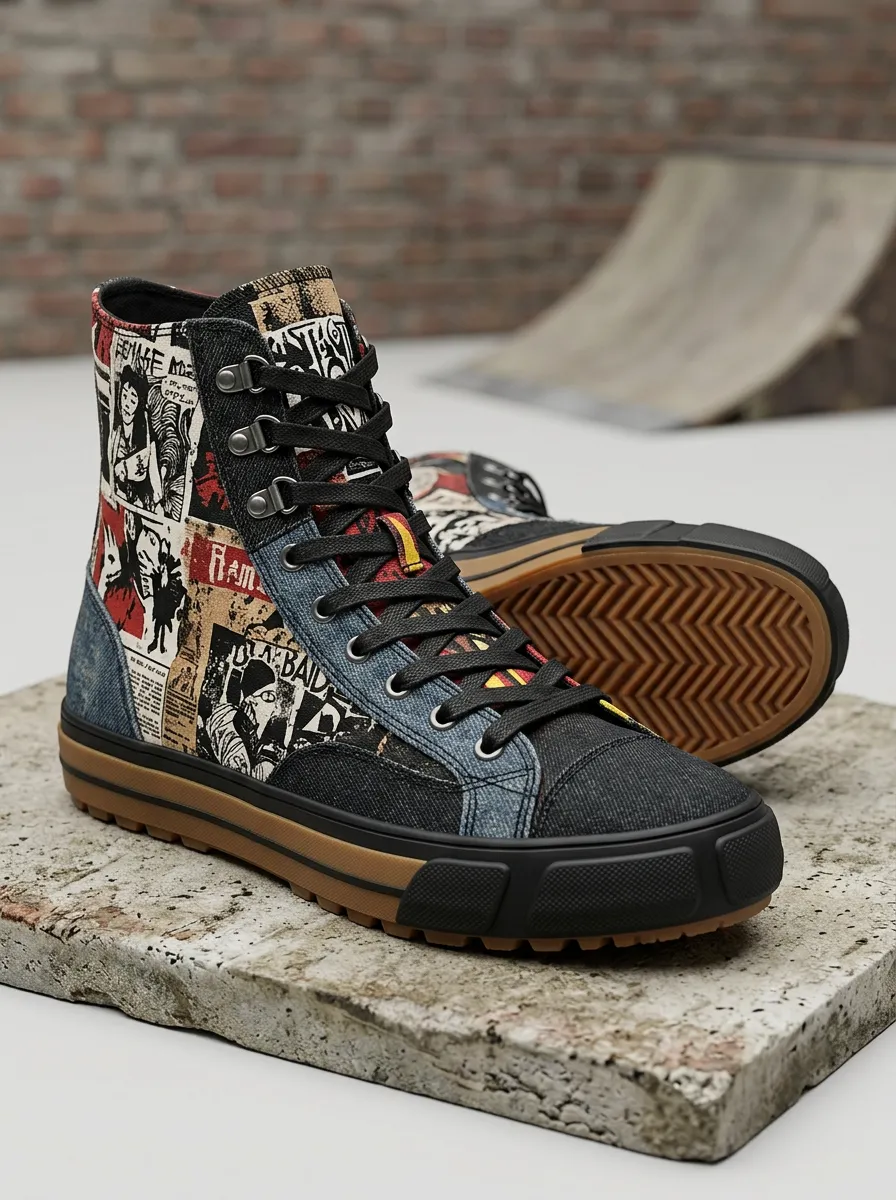 Minimal Punk Rock Newspaper Collage Printed Canvas Shoes