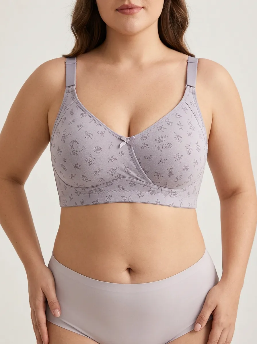 Women's Plus Size Lavender Floral V-Neck Bow-Detail Wireless Bralette
