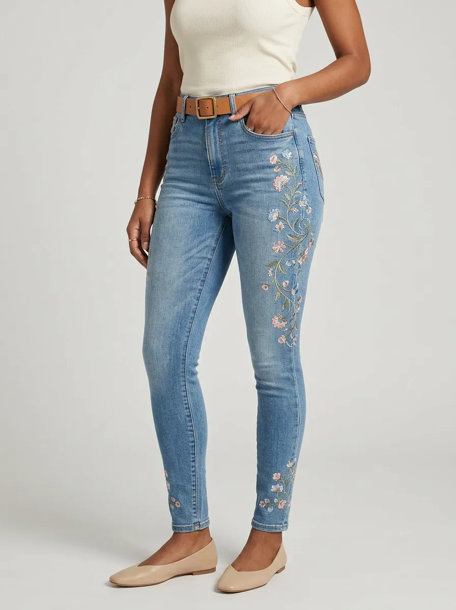 Women's Floral Vintage Blue Embroidered Printed Slim Jeans